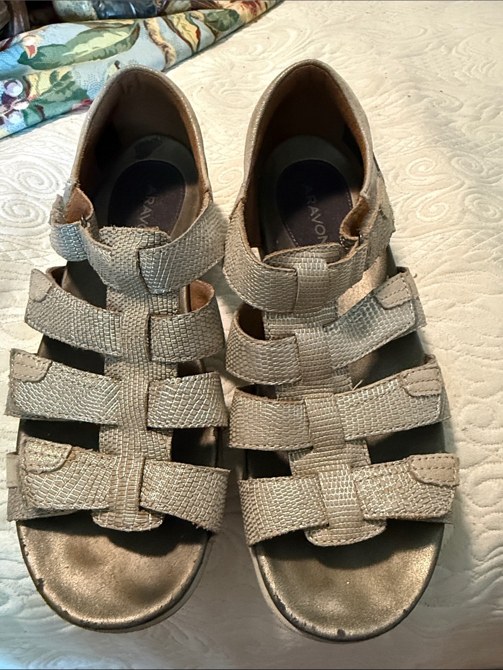 Aravon Metallic Beige-Tone Woven Strappy Sandals